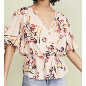 Joie Bisma Floral Silk Peplum Flutter Sleeve Faux Wrap Top - Pink Sky - XXS